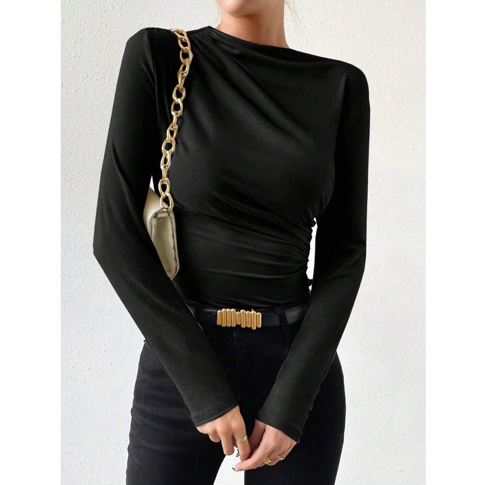 Ruched Asymmetric Black Long Sleeve Bodysuit - Picture 2 of 14